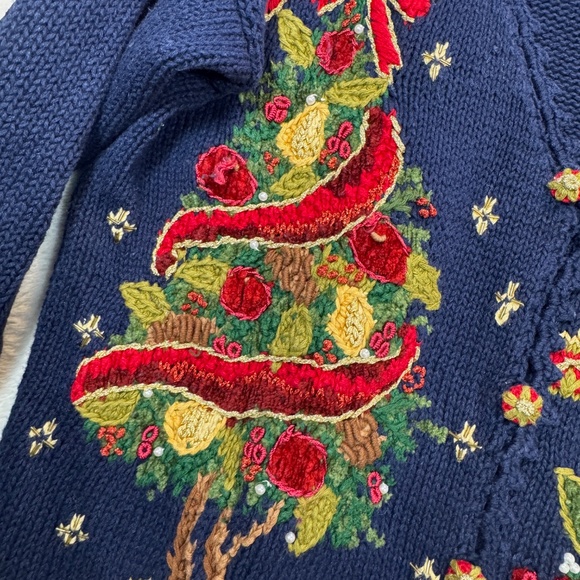 Handmade Christmas Cardigan Womens Size XL Blue Embellished V-Neck Grandmacore - Picture 2 of 8